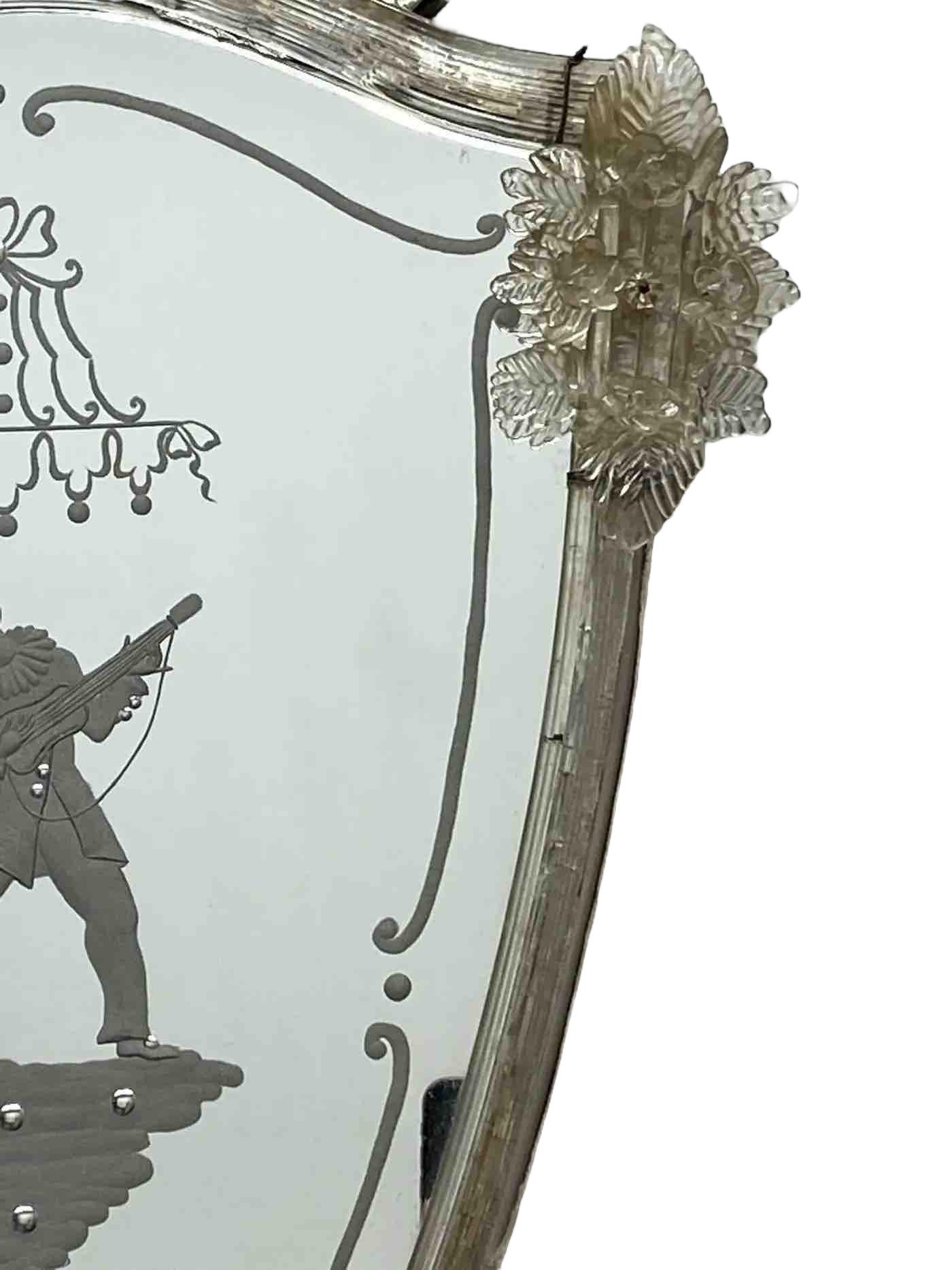 Venetian Etched Woman and Troubadour Murano Glass Mirror Sconces, circa 1920 For Sale 8