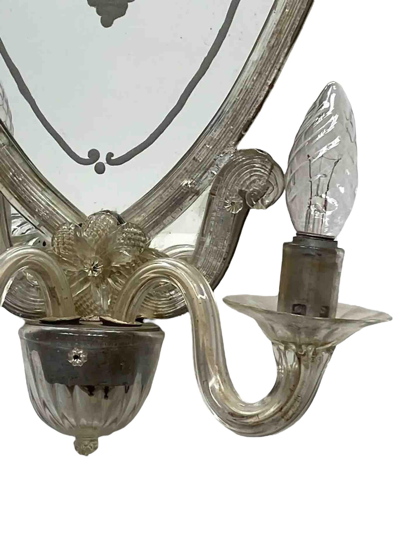 Venetian Etched Woman and Troubadour Murano Glass Mirror Sconces, circa 1920 For Sale 2