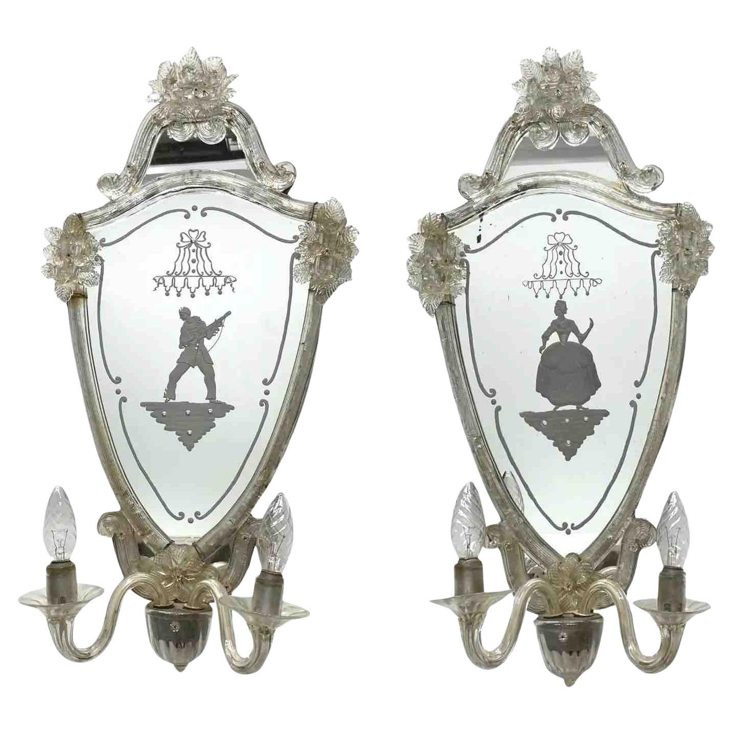 Venetian Etched Woman and Troubadour Murano Glass Mirror Sconces, circa 1920 For Sale