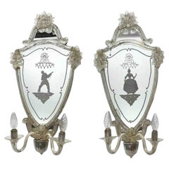 Venetian Etched Woman and Troubadour Murano Glass Mirror Sconces, circa 1920