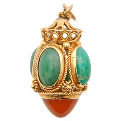 Venetian Etruscan Revival 18K Gold Amazonite and Carnelian Fob Charm