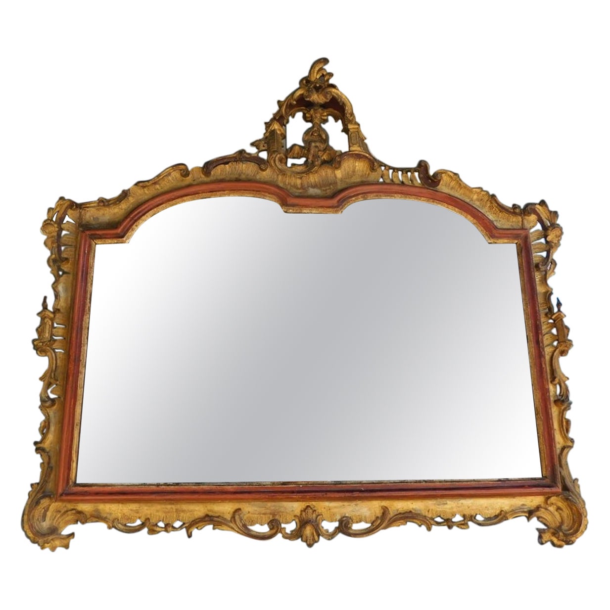 Venetian Figural Pagoda Gilt Carved Wood and Red Lacquer Wall Mirror, C. 1780