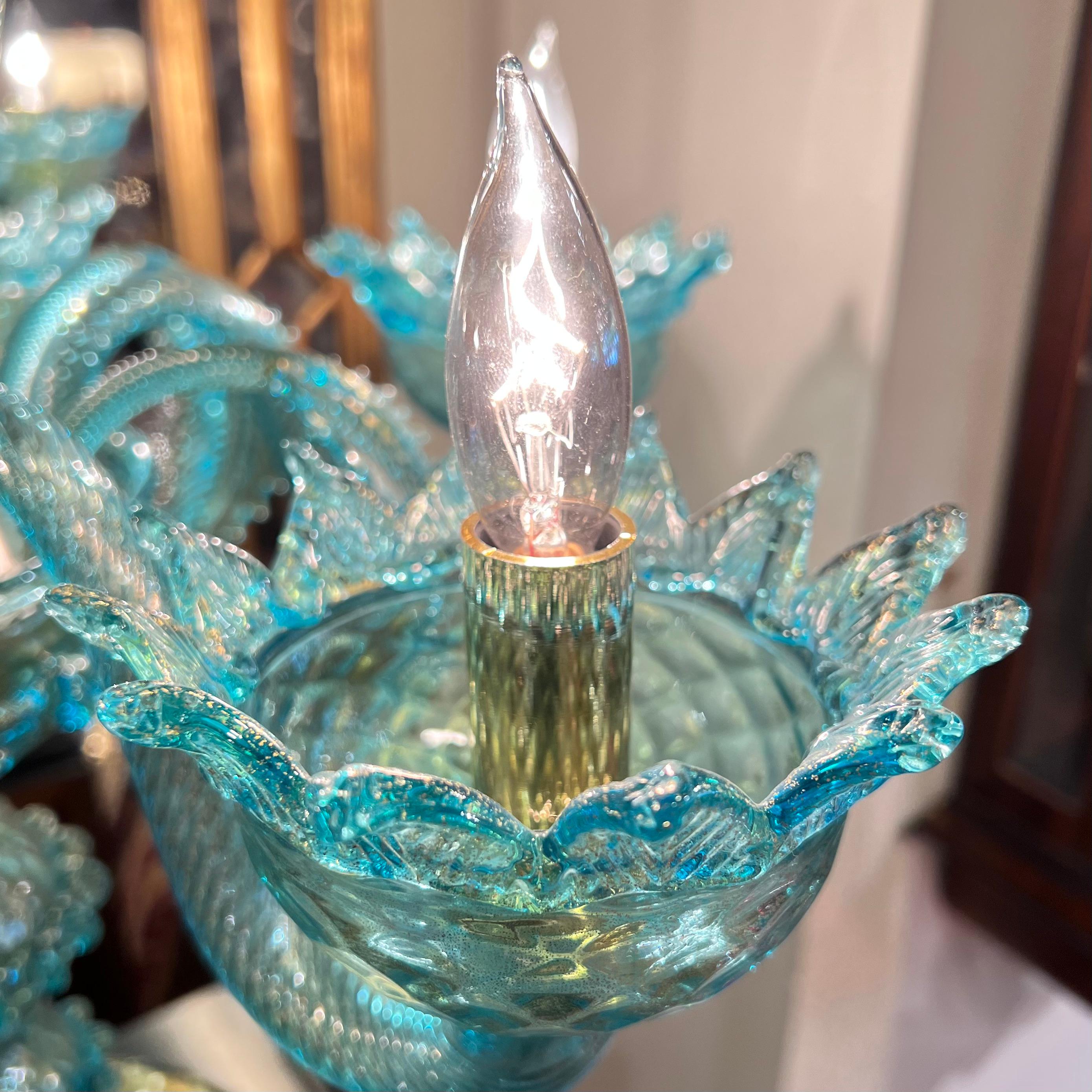  Venezianische Flambeau-Glas-Tischlampen mit Goldflecken und Messingdesign im Angebot 7