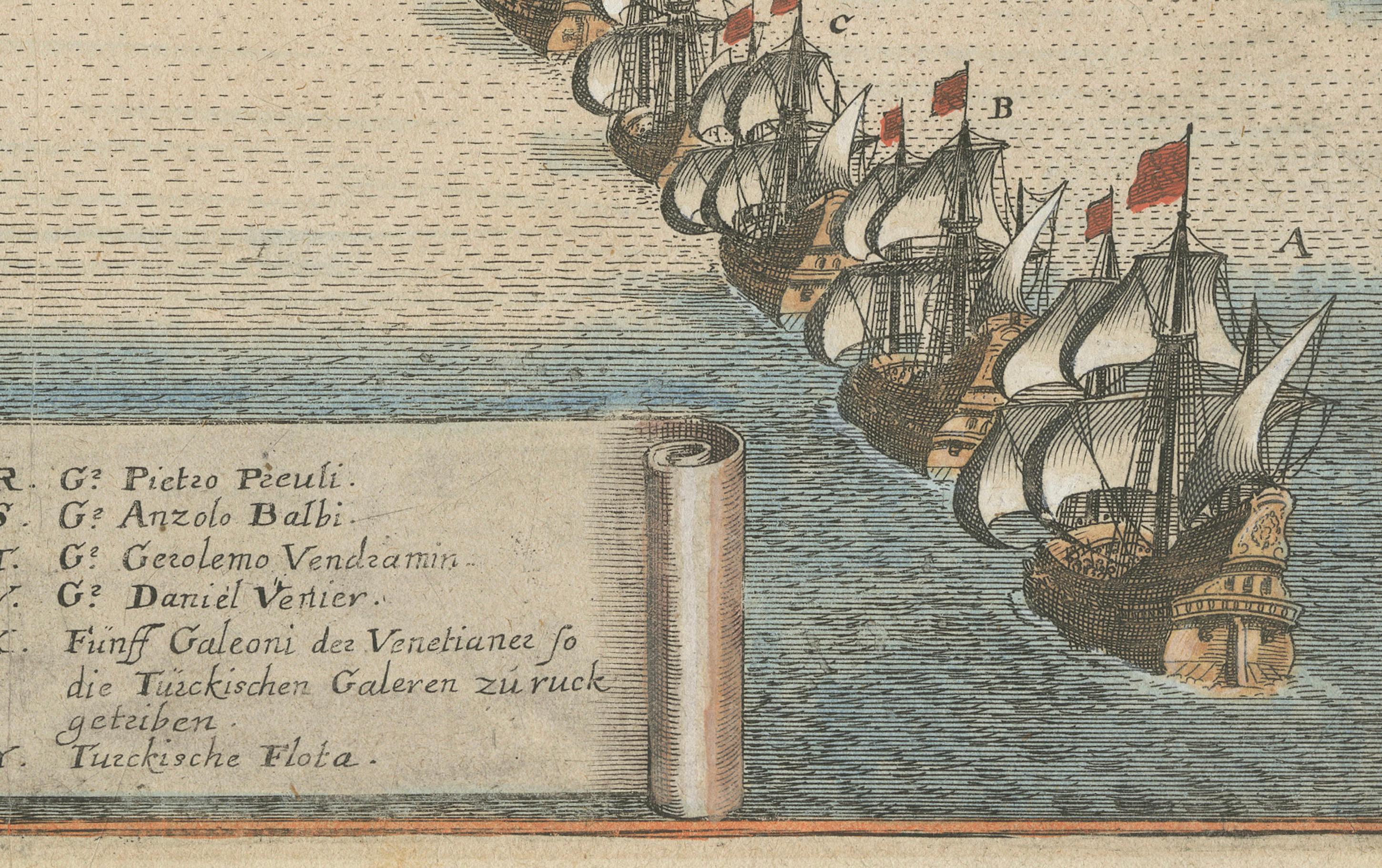 Venetian Fleet vs. Ottoman Turks – Dardanelles Naval Battle Engraving, 1656 In Good Condition For Sale In Langweer, NL