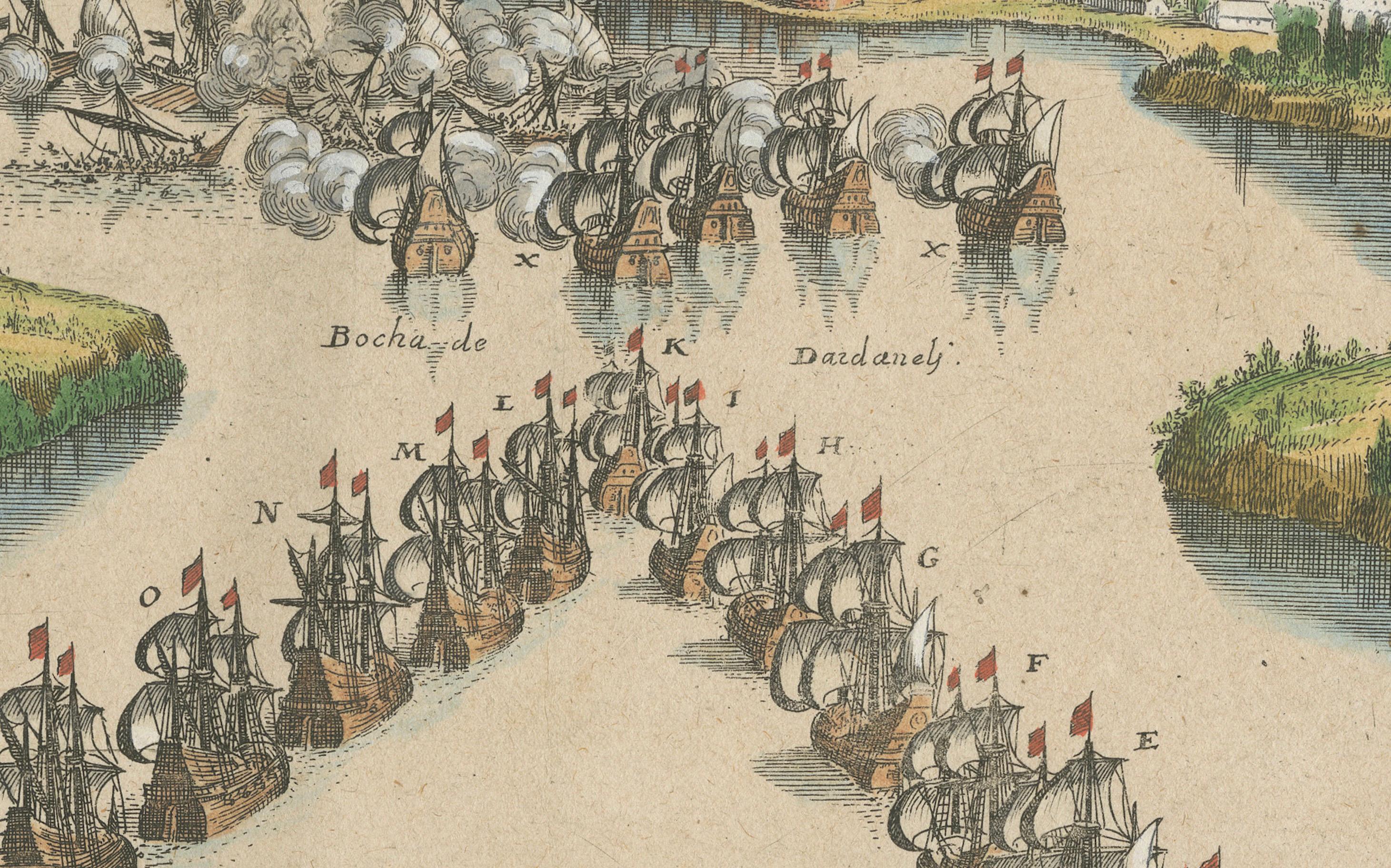 17th Century Venetian Fleet vs. Ottoman Turks – Dardanelles Naval Battle Engraving, 1656 For Sale