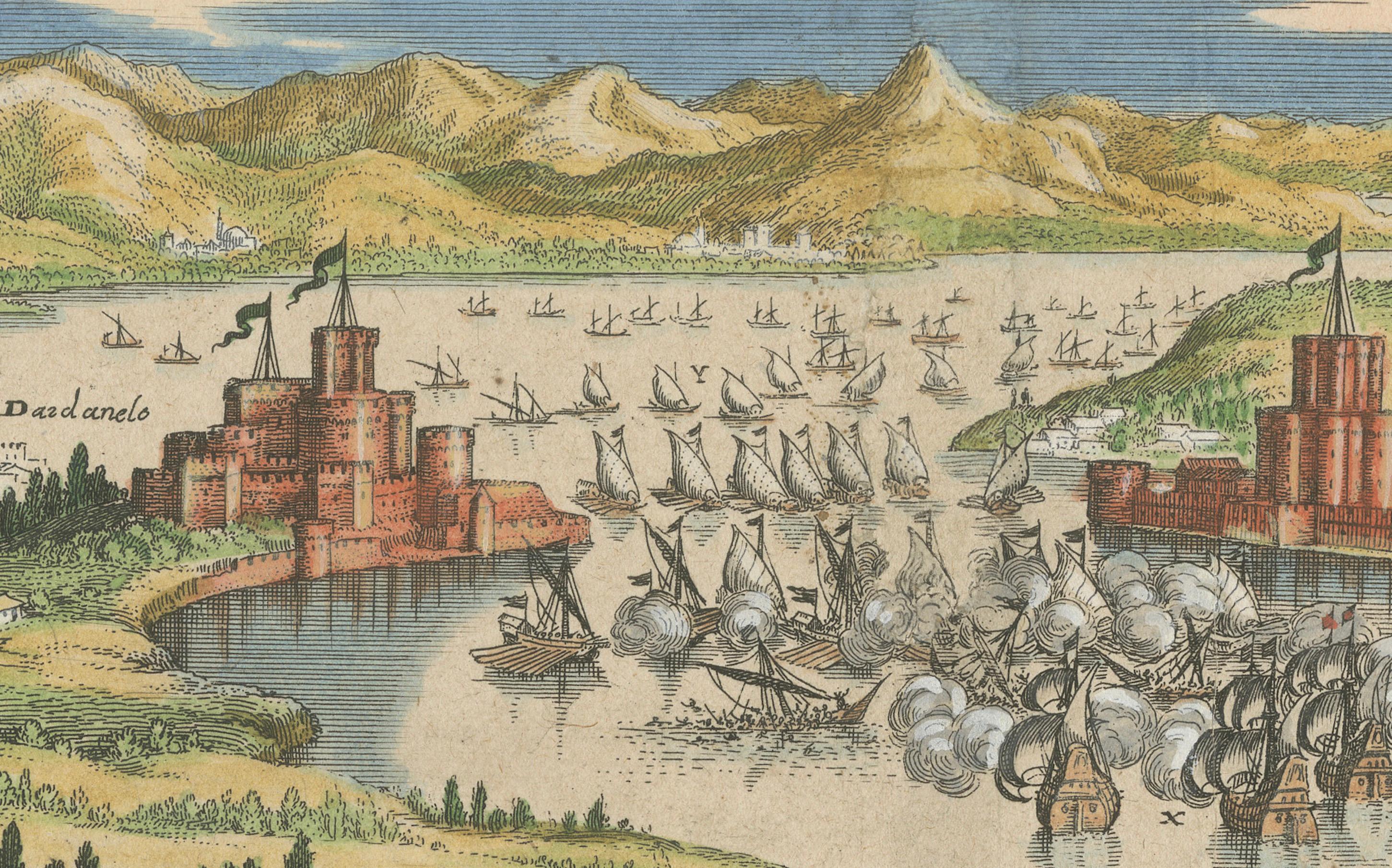 Paper Venetian Fleet vs. Ottoman Turks – Dardanelles Naval Battle Engraving, 1656 For Sale