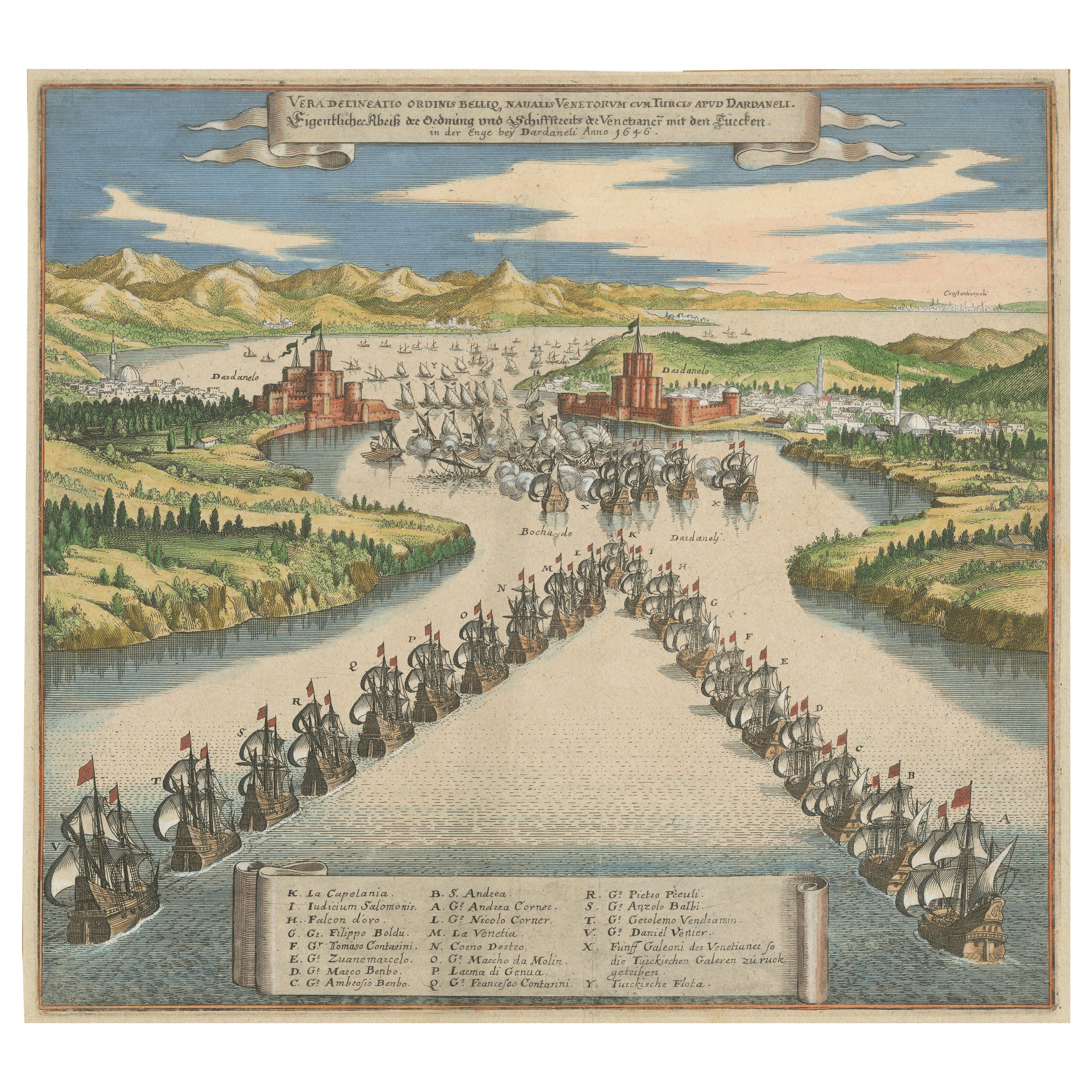 Venetian Fleet vs. Ottoman Turks – Dardanelles Naval Battle Engraving, 1656 For Sale
