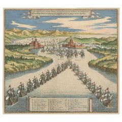 Antique Venetian Fleet vs. Ottoman Turks – Dardanelles Naval Battle Engraving, 1656