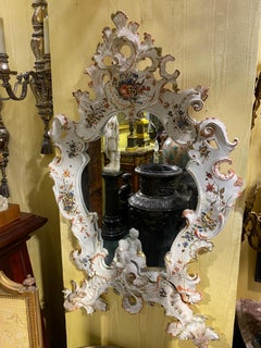 Venetian Floral Painted Porcelain Mirror in Italian Capodimonte Rococo Style
