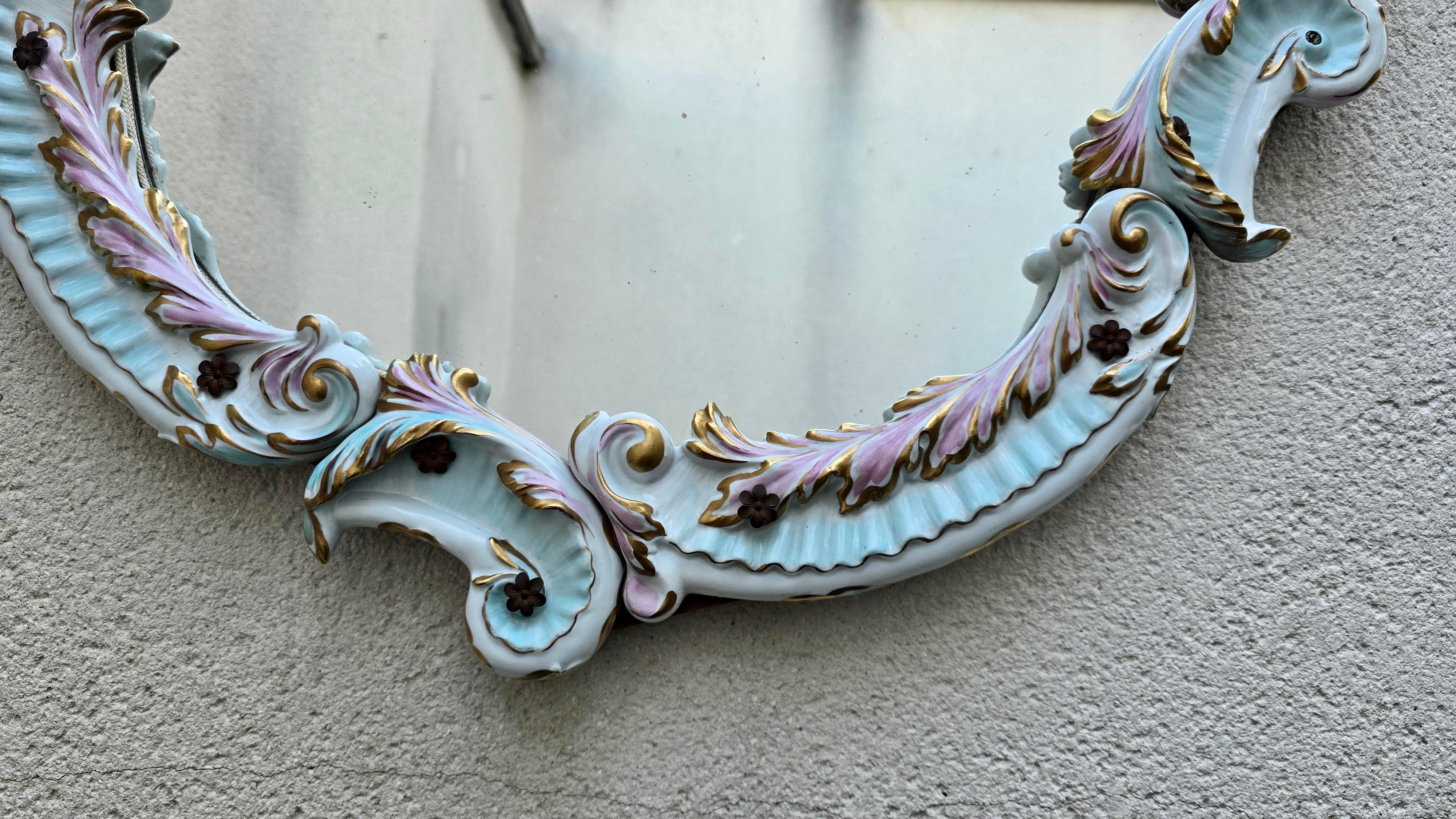 Hollywood Regency Venetian Floral Painted Porcelain Mirror For Sale