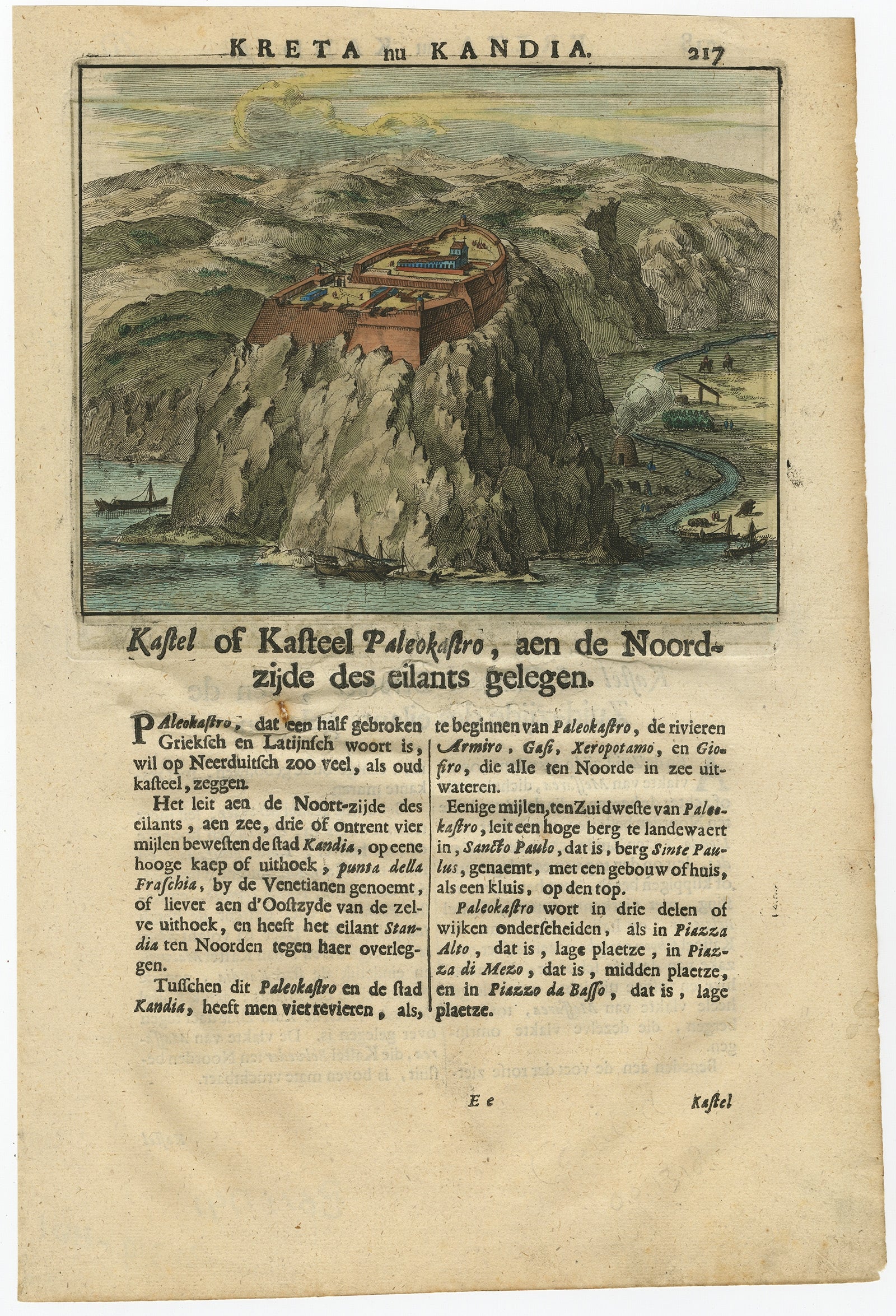 Antique Print of Paleokastro Castle on Crete, Dapper, 1688

This fine hand-coloured engraving depicts the fortress of Paleokastro (Palaiokastro) on the north coast of Crete. The view shows the fortress dramatically positioned on a rocky promontory