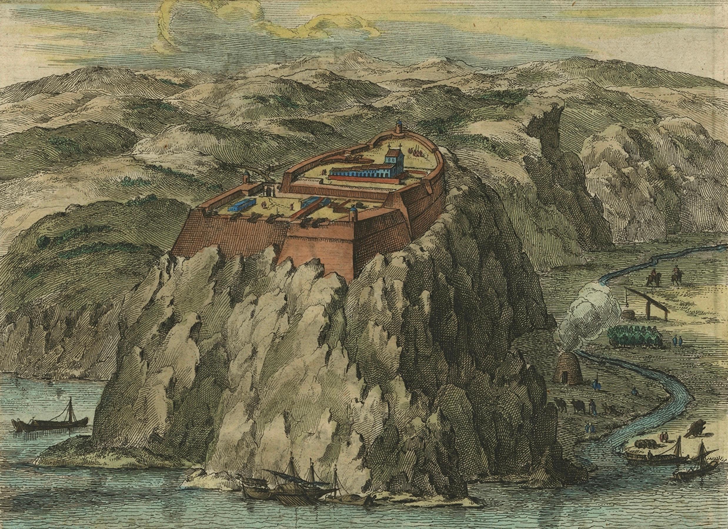 Engraved Venetian Fortress Paleokastro on Crete – Antique Print, Hand-Coloured, 1688 For Sale