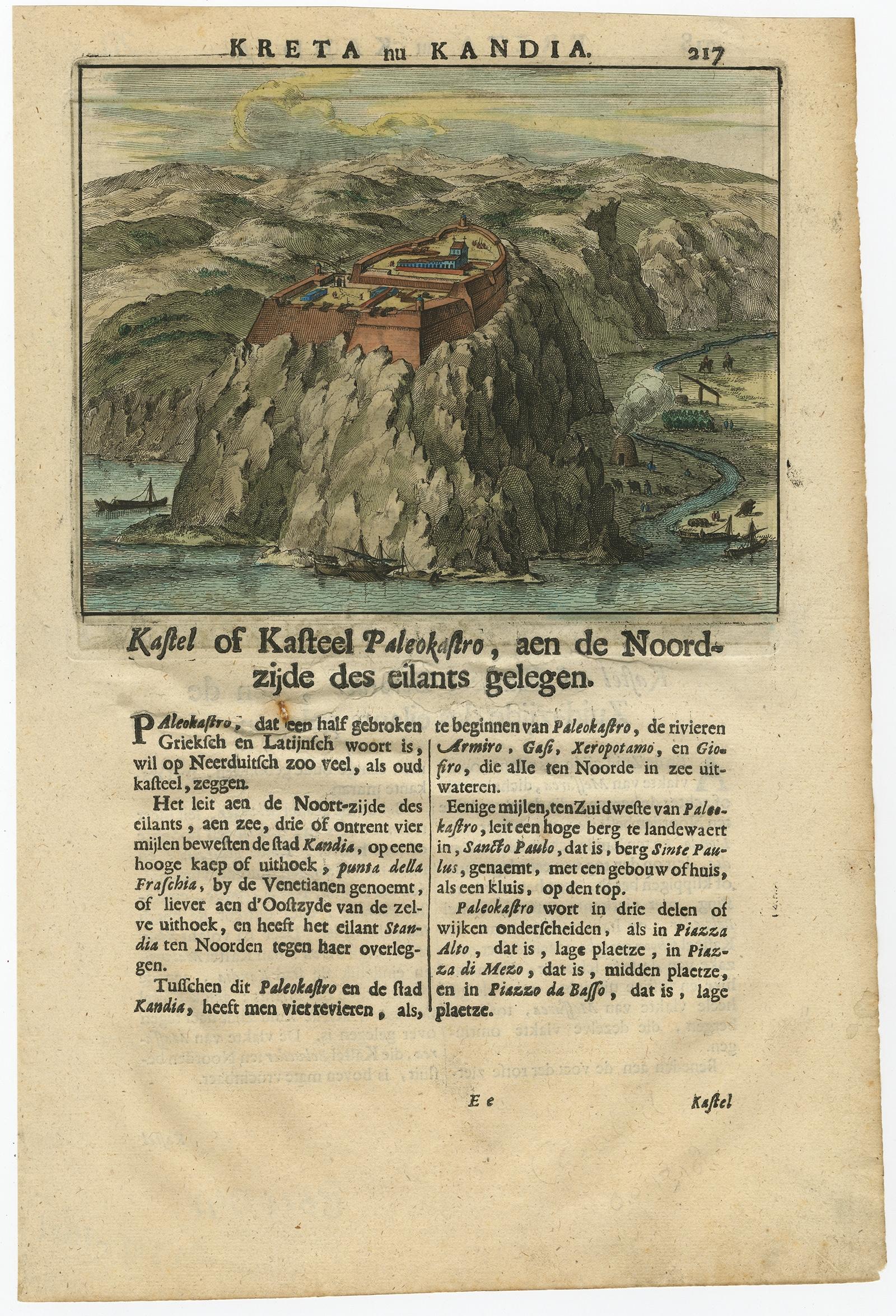 Venetian Fortress Paleokastro on Crete – Antique Print, Hand-Coloured, 1688 In Good Condition For Sale In Langweer, NL