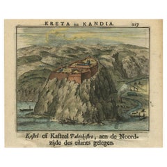 Forteresse vénitienne de Paleokastro en Crète - Gravure ancienne, coloriée à la main, 1688