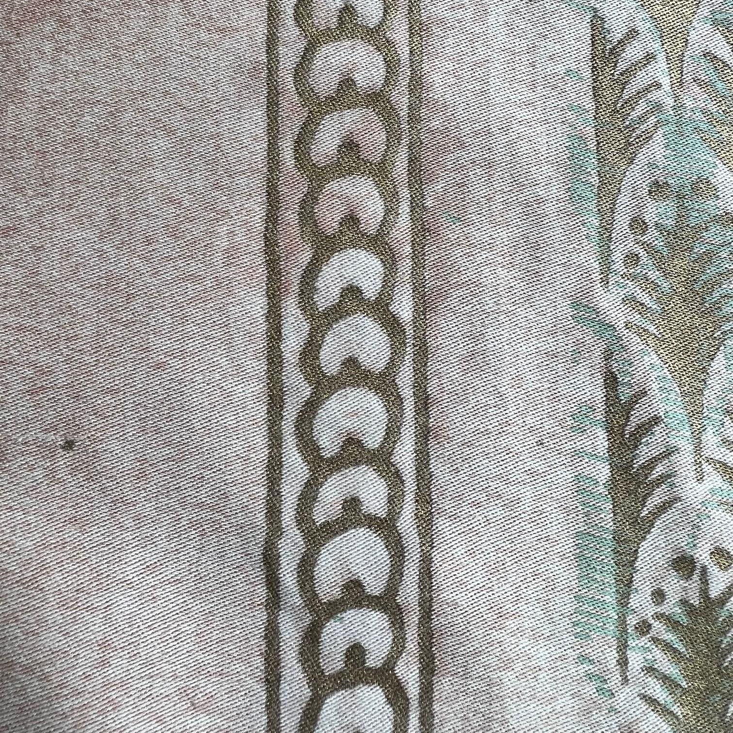 Hand-Crafted Venetian Fortuny Piumette Fabric in Pink, Aquamarine and Gold - 4.5 yards For Sale