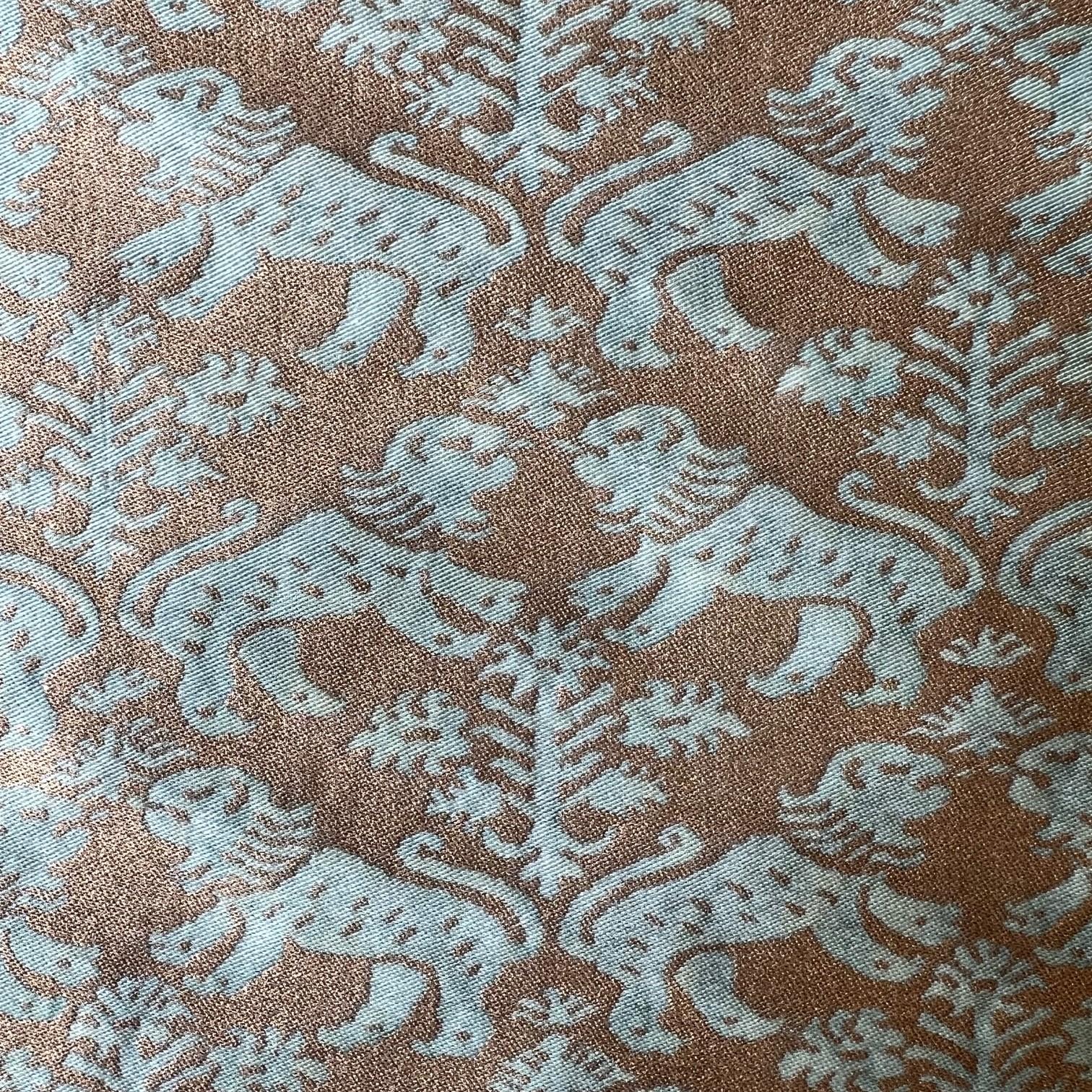 21st c. print run of Fortuny Richilieu fabric in aquamarine with a silvery gold texture. Playful in design, Richilieu portrays a fascinating tale of 17th-century Europe through the symbols of a lion (Spain), an eagle (Austria), and a lily (France).