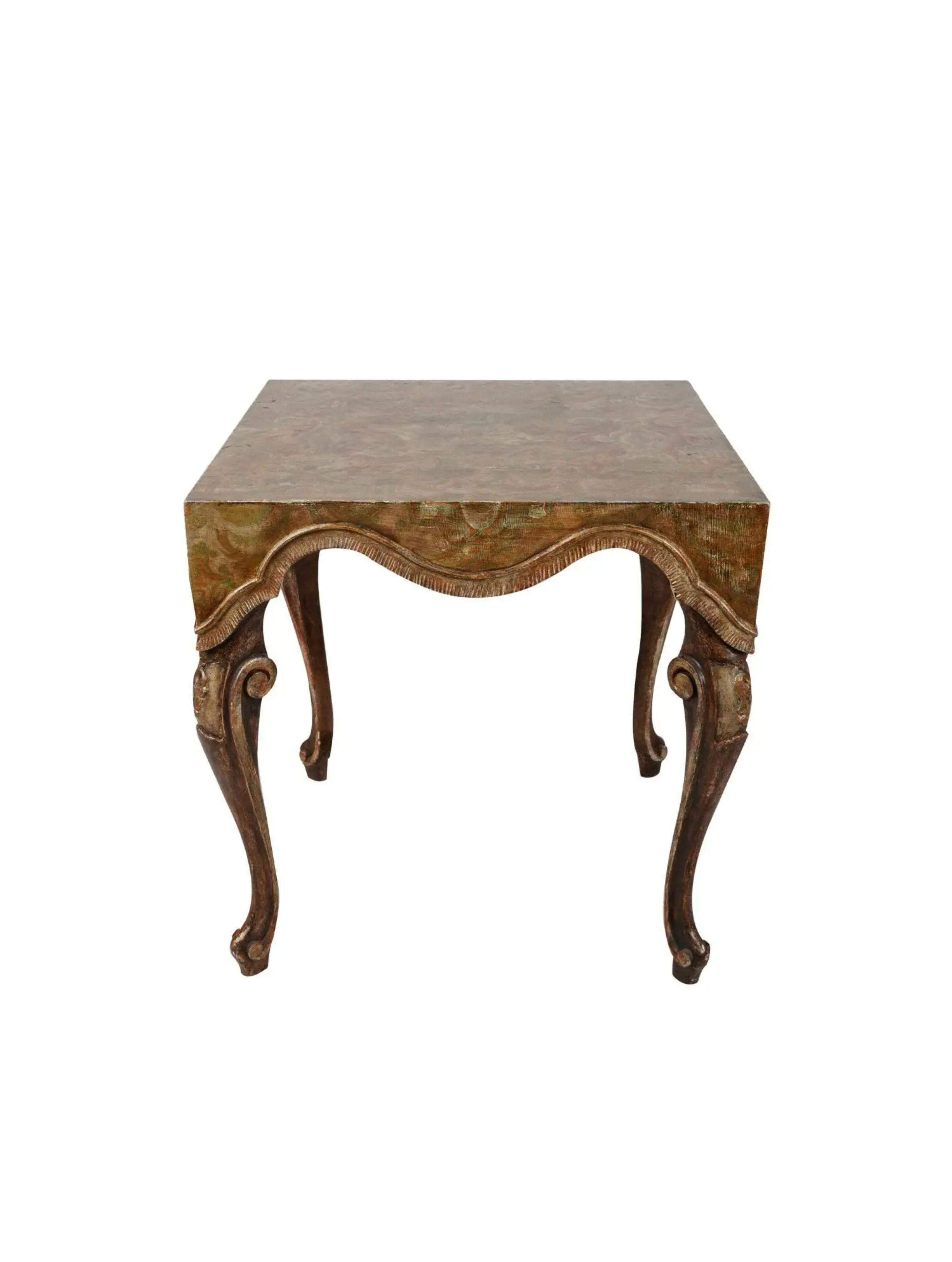 Venetian Style Fortuny Polychrome painted giltwood side table

Additional information: 
Materials: Giltwood, Paint, Polychrome
Color: Silver
Period: Mid 20th Century
Styles: Italian
Table Shape: Square
Item Type: Vintage, Antique or