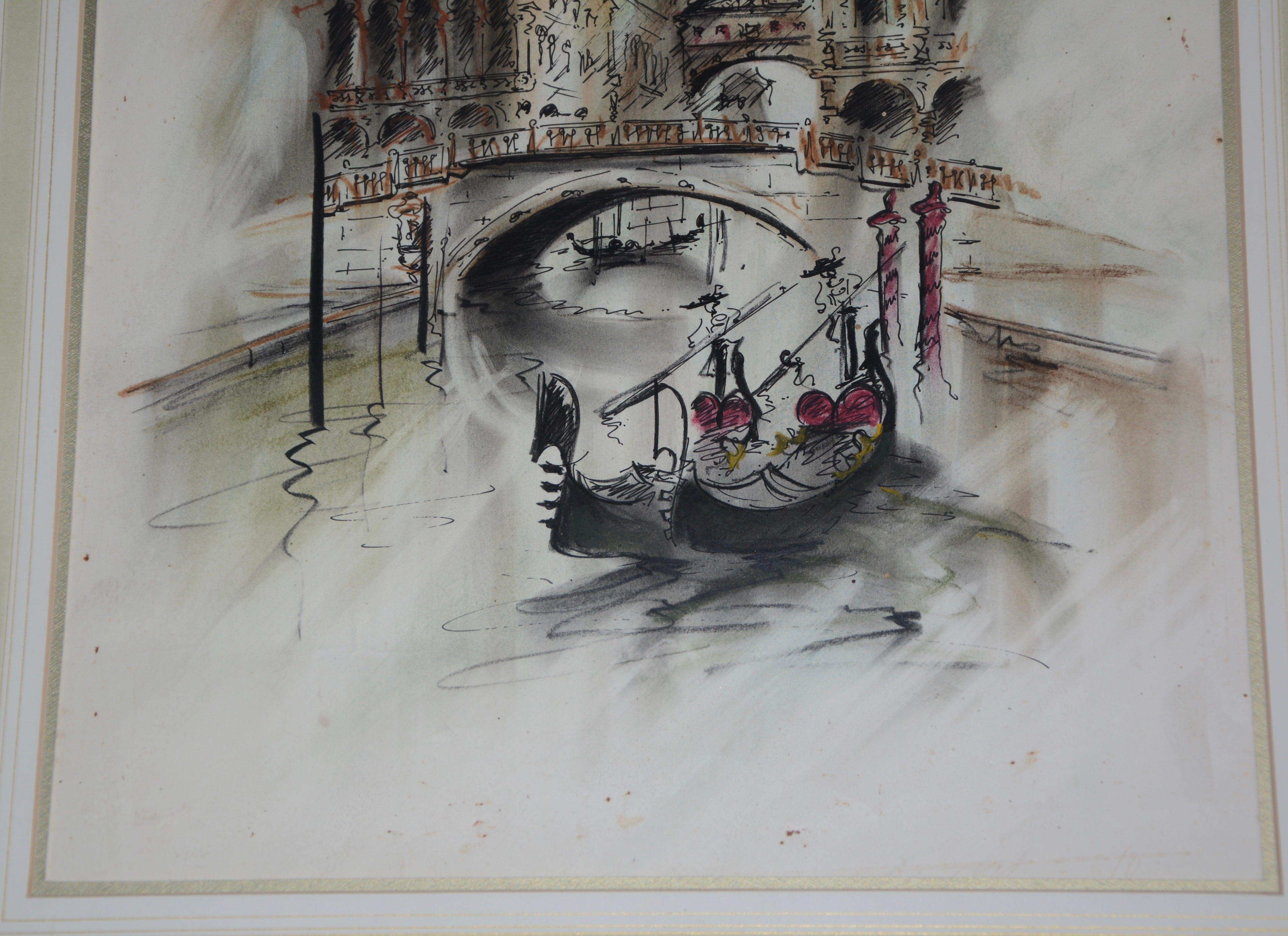 This lovely watercolor showcases the waters of Venice with boaters slowly floating along. The buildings in the background add to the beauty of the painting. The piece is artist-signed on the bottom right corner but we could not identify the artist.