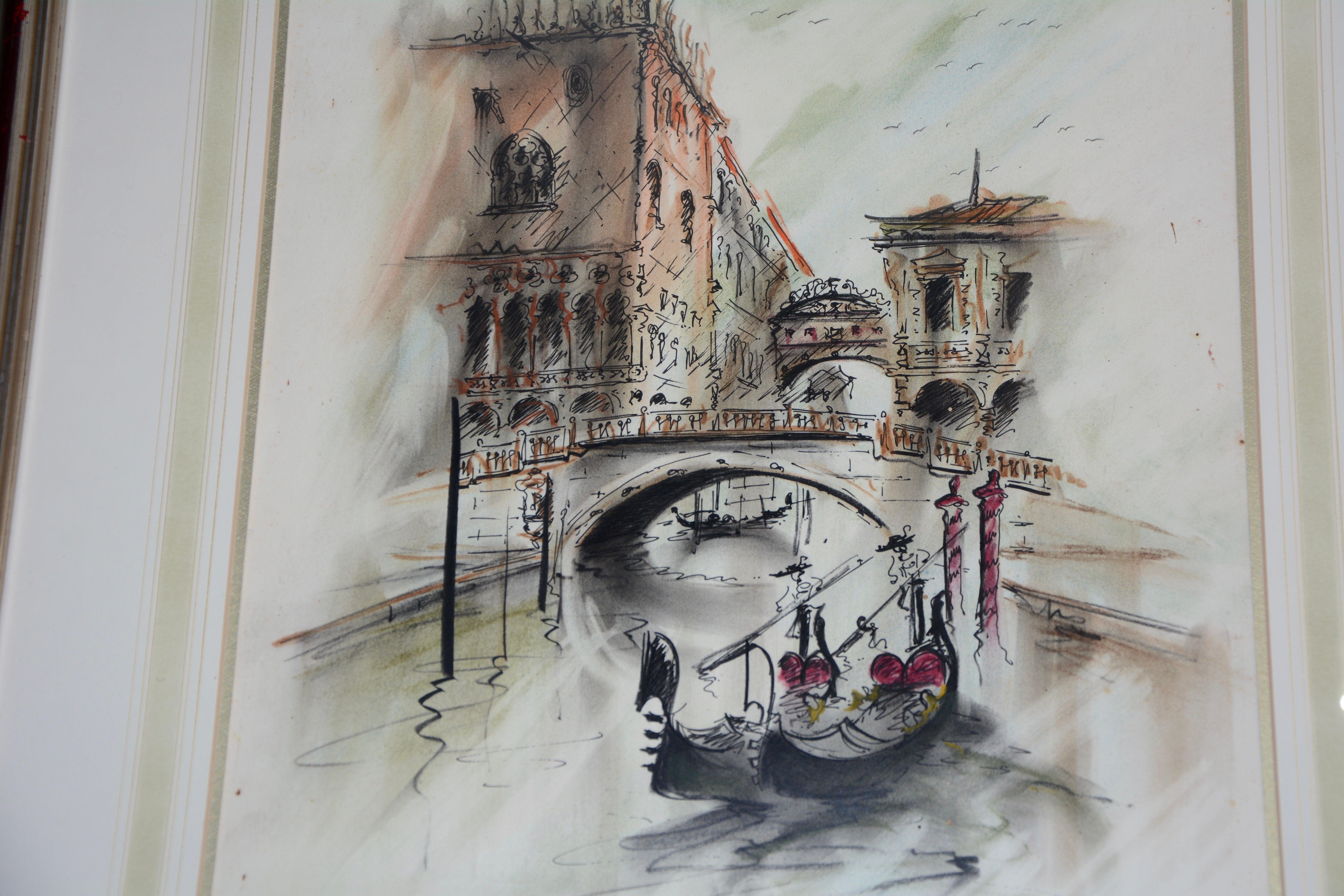Other Venetian Framed Watercolor Artist Signed For Sale