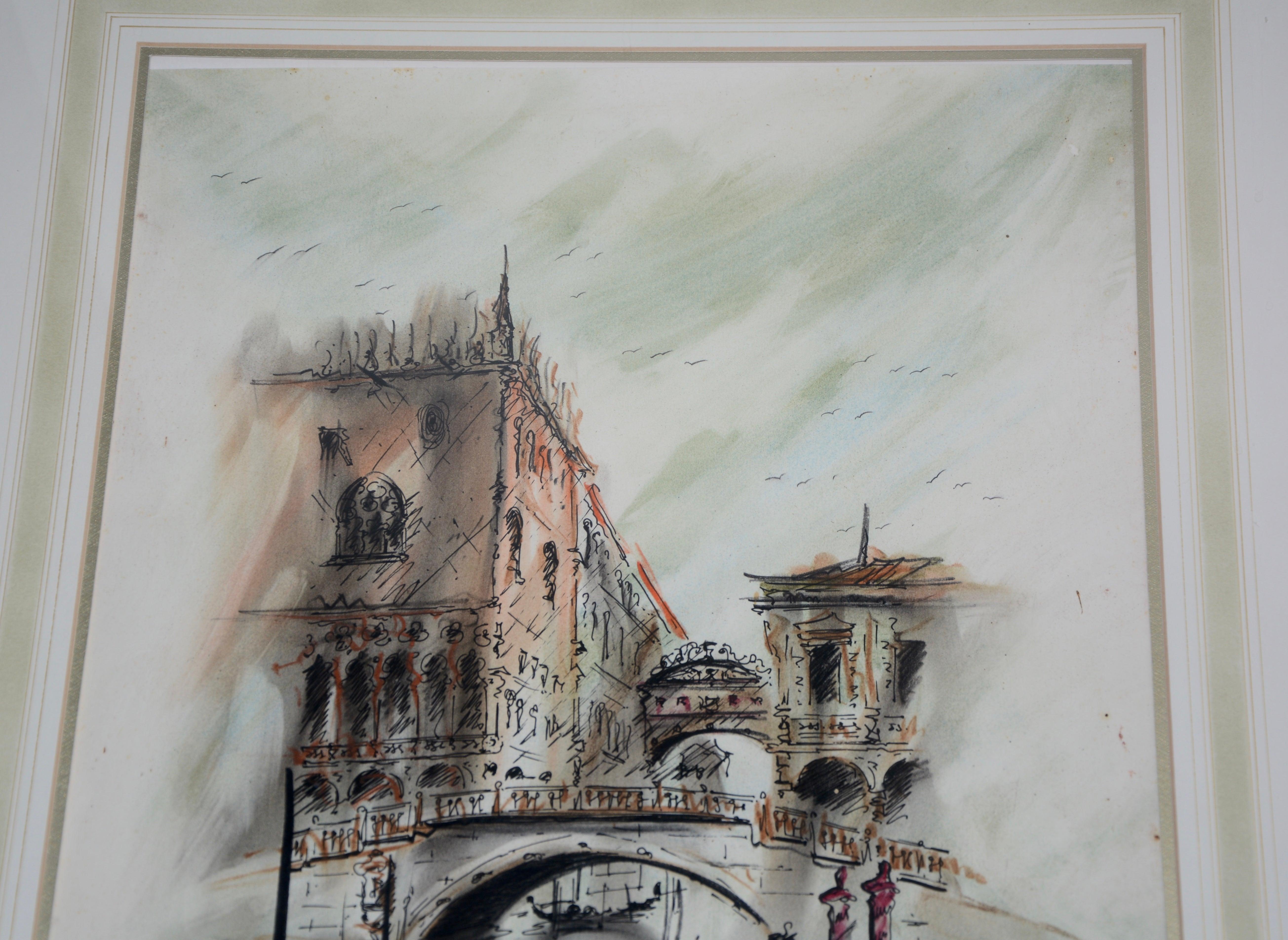 French Venetian Framed Watercolor Artist Signed For Sale