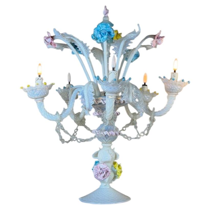 Venetian girandole in multicolored Murano glass with a dominant opaline blue, ar For Sale