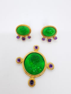Venetian Glass and Amethyst Intaglio Elizabeth Locke Brooch and Earring Set