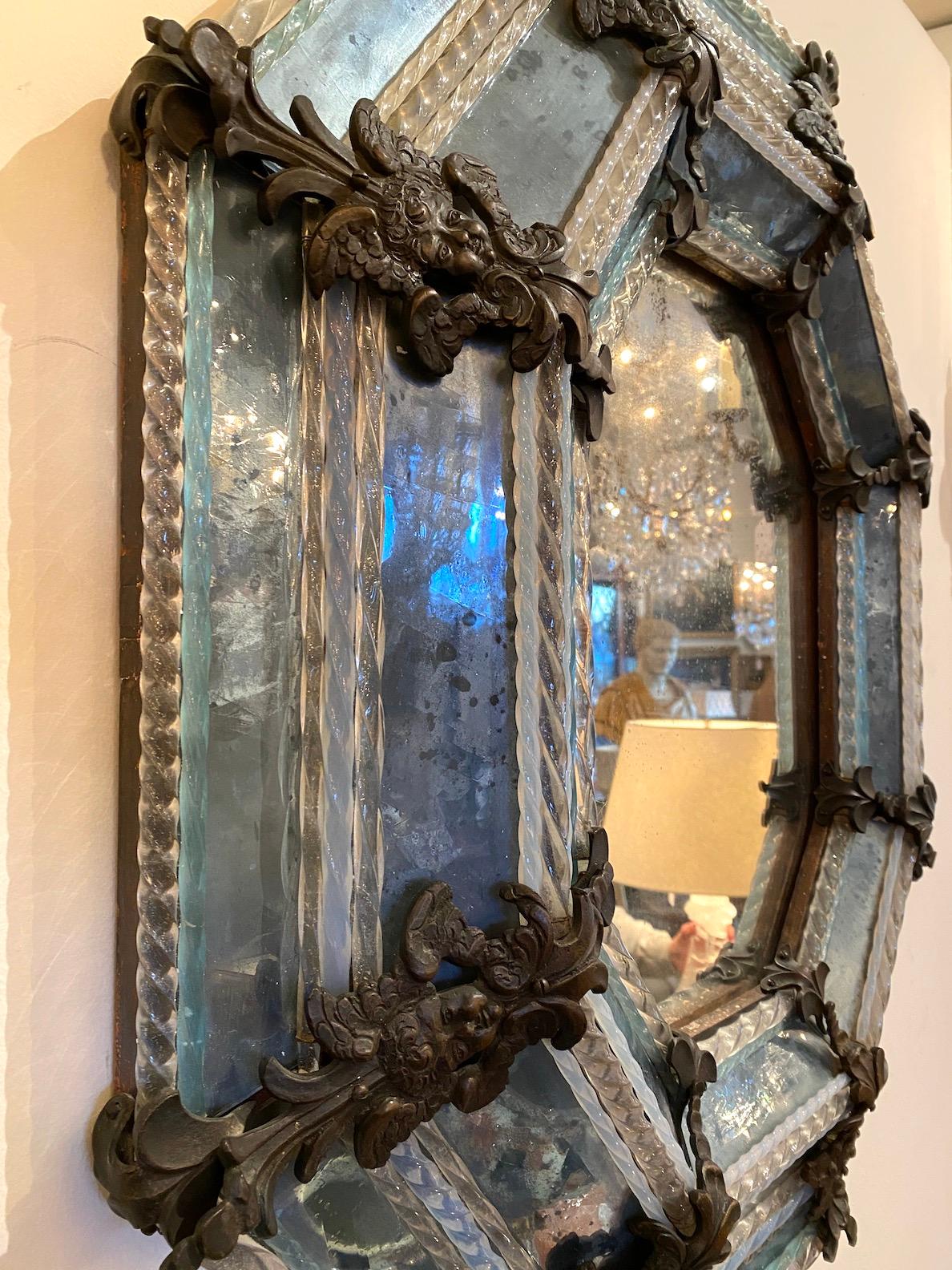 Baroque Venetian Glass and Bronze Octagon Shaped Mirror