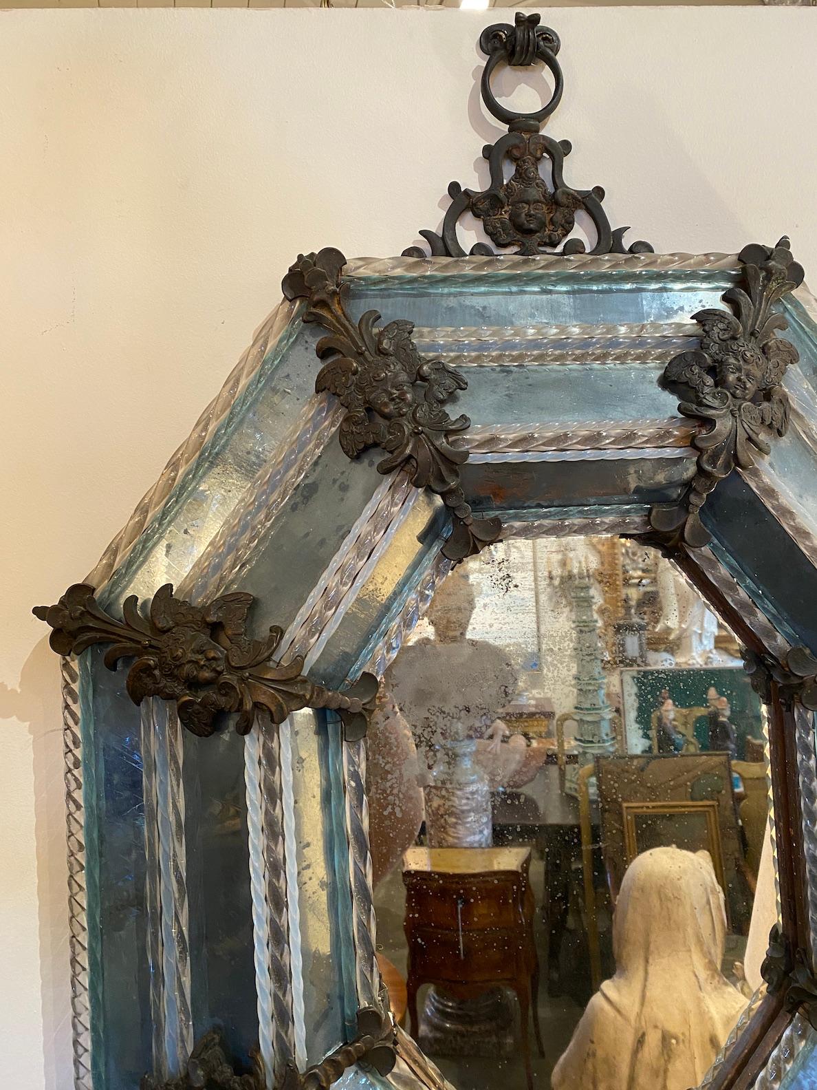 18th Century and Earlier Venetian Glass and Bronze Octagon Shaped Mirror