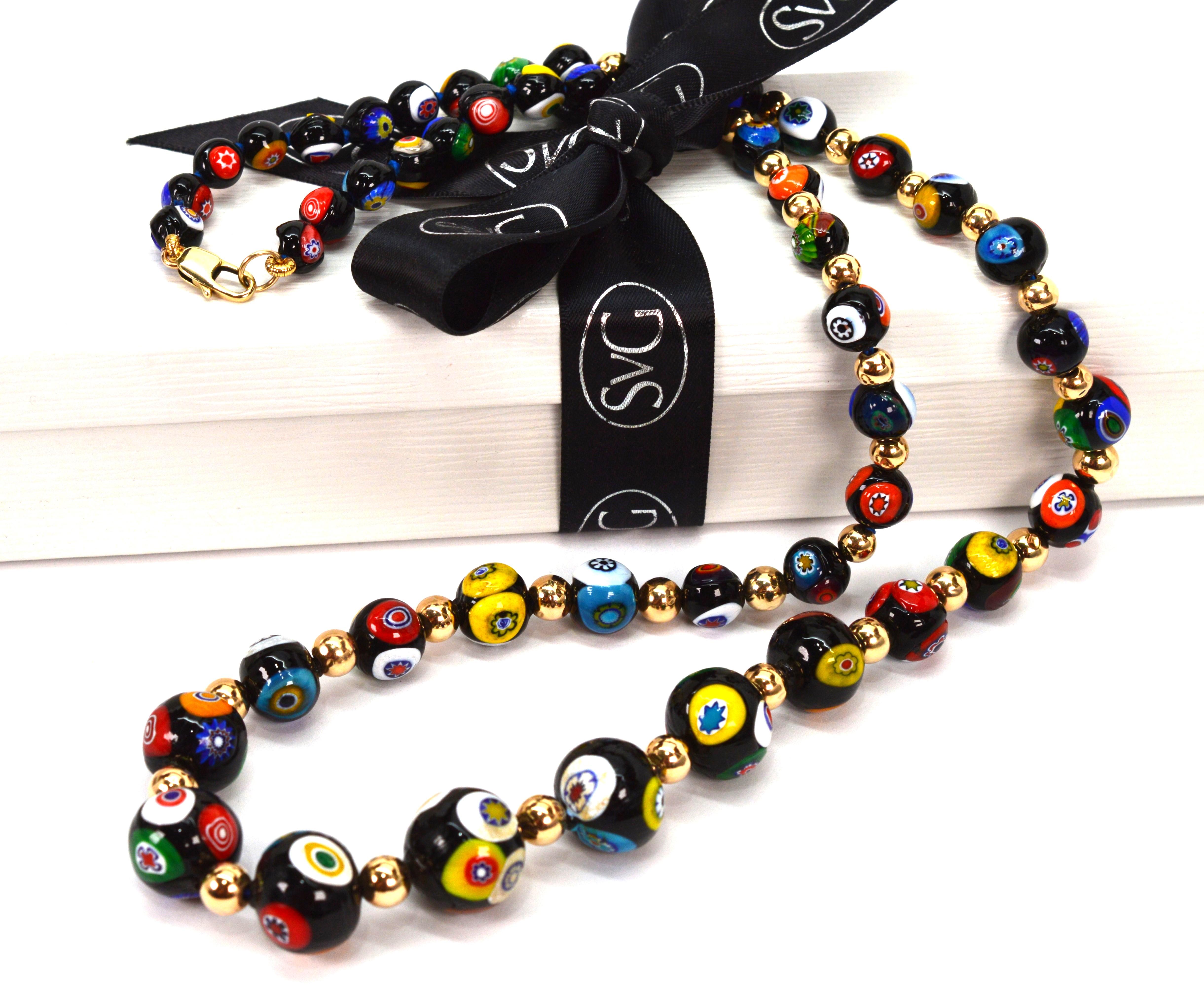 Collier en or jaune 14 carats avec perles en verre vénitien en vente 8