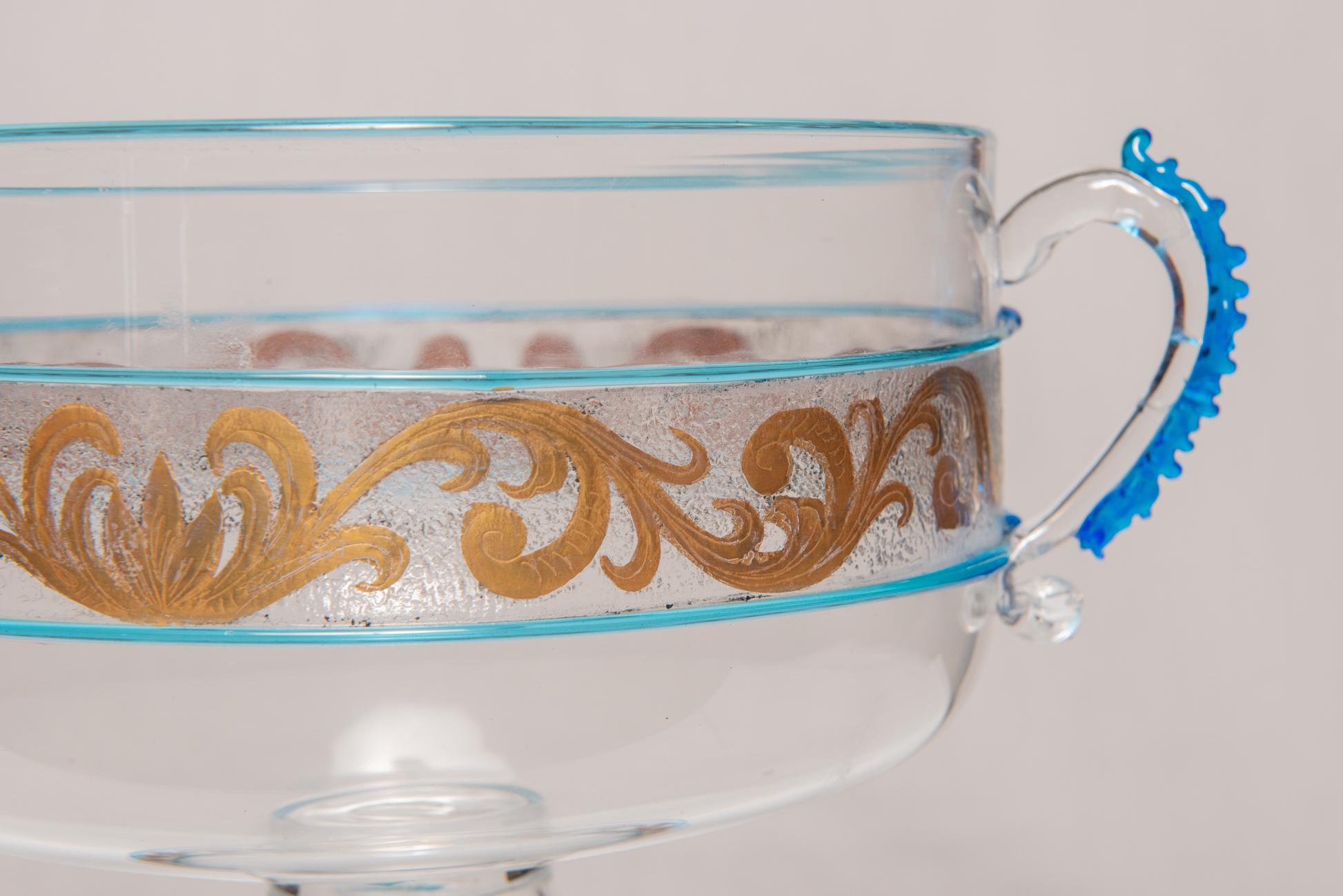 European Venetian Glass and Gold Bowl with Handles For Sale