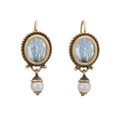 Venetian Glass Cherub Drop Earrings Vintage 18 Karat Gold Estate Fine Jewelry