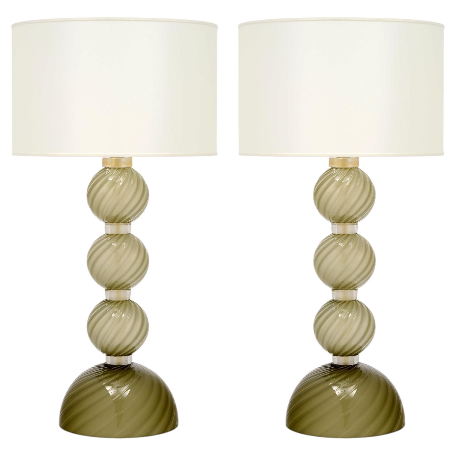 Venetian Glass, Classic Globe Lamps, Olive Green, Murano, Italy