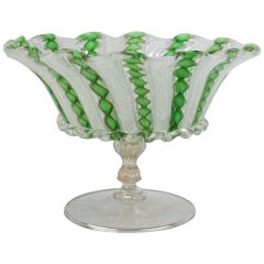 Vintage Venetian Glass Green White and Copper Latticino Swirl Footed Bowl or Compote