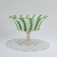 Venetian Glass Green White and Copper Latticino Swirl Footed Bowl or Compote