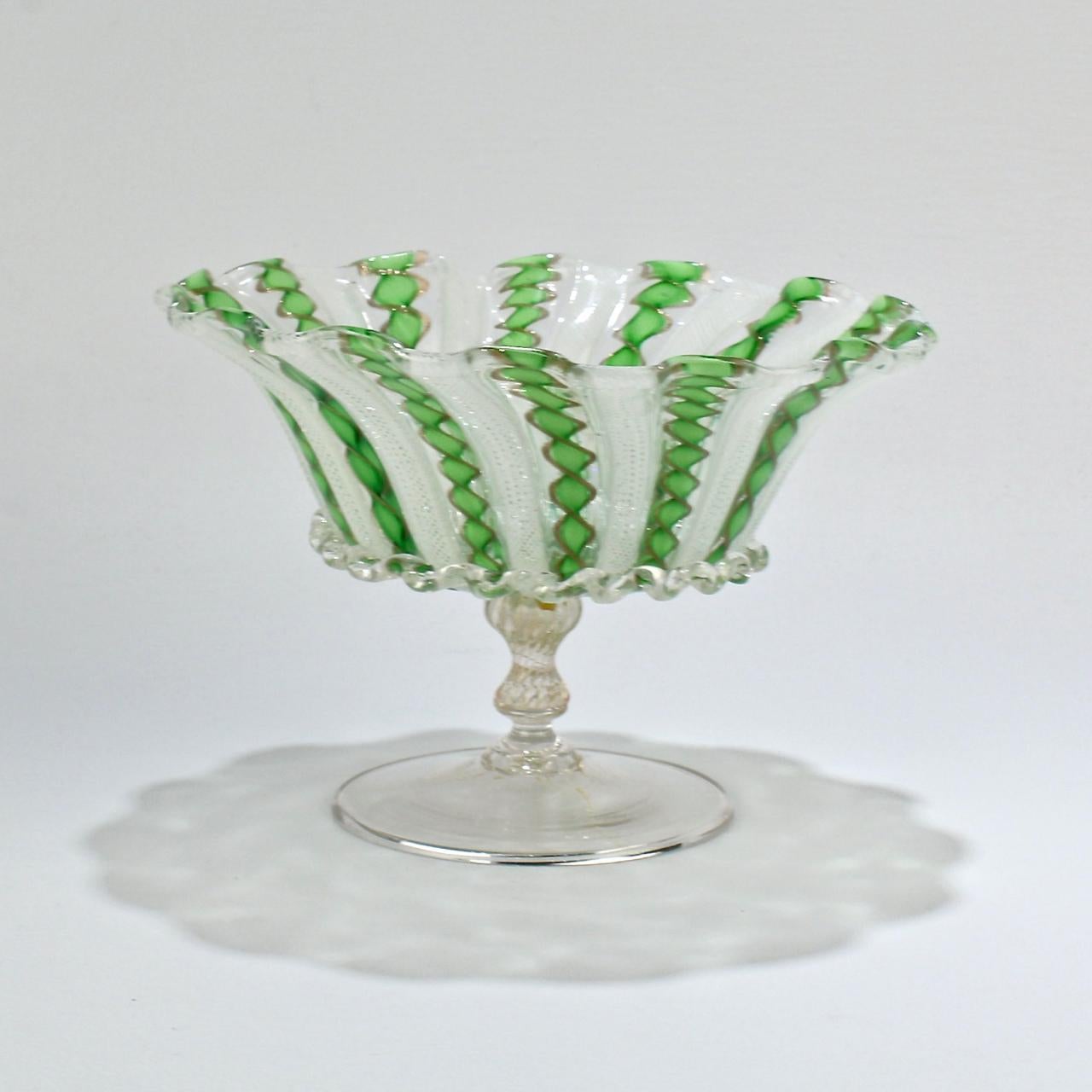 Mid-Century Modern Venetian Glass Green White and Copper Latticino Swirl Footed Bowl or Compote