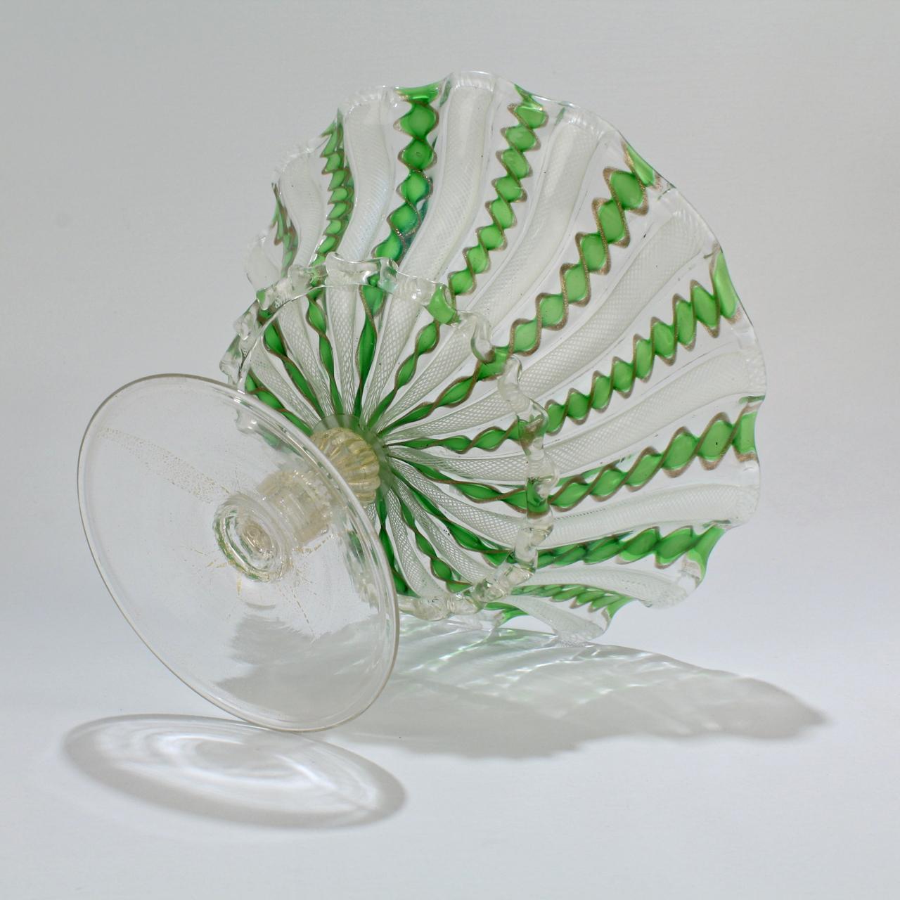 Italian Venetian Glass Green White and Copper Latticino Swirl Footed Bowl or Compote