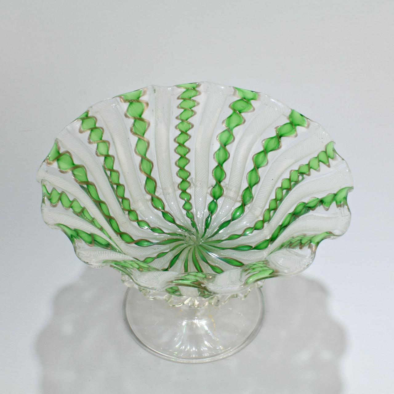 Venetian Glass Green White and Copper Latticino Swirl Footed Bowl or Compote In Good Condition In Philadelphia, PA