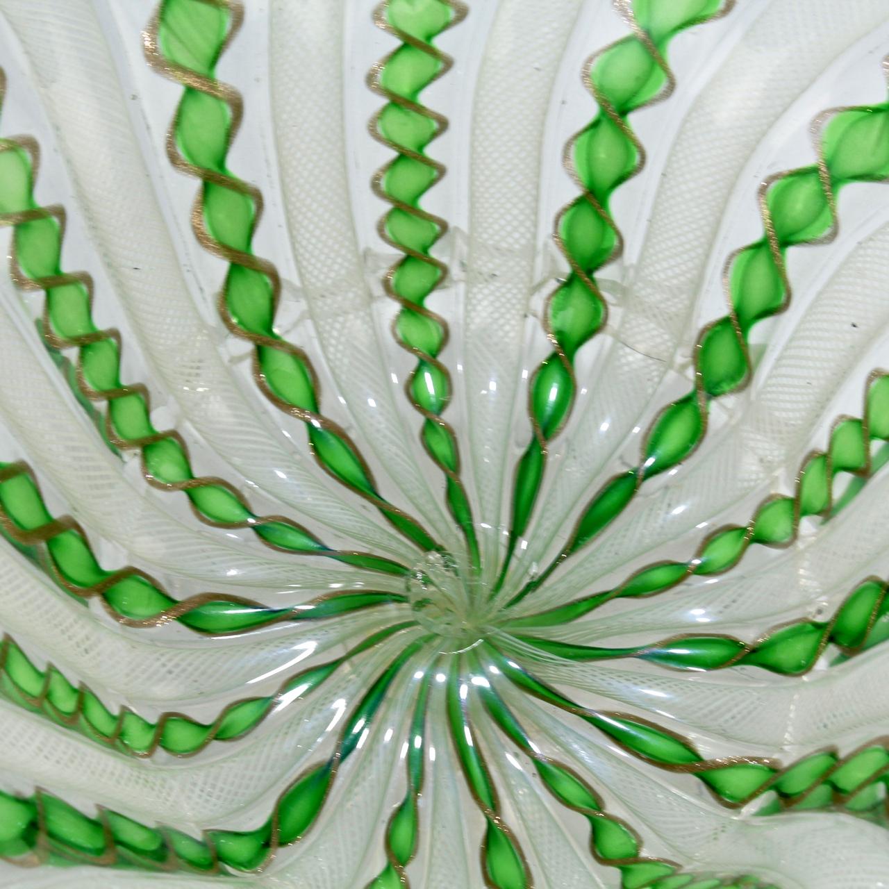 20th Century Venetian Glass Green White and Copper Latticino Swirl Footed Bowl or Compote