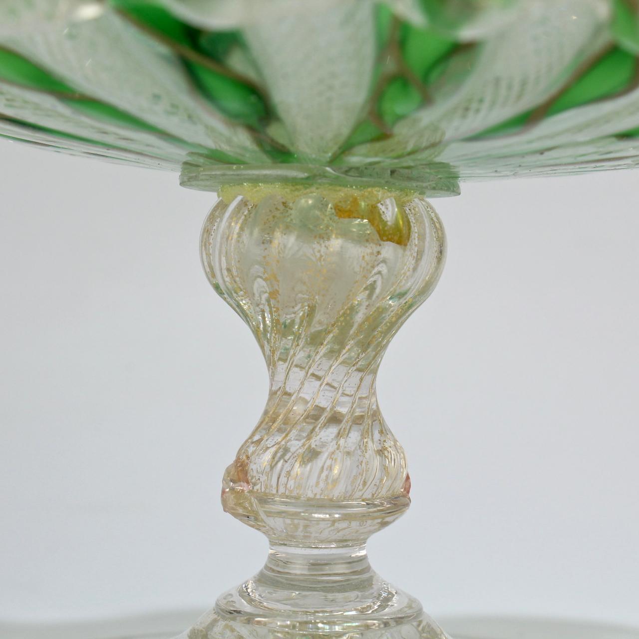 Venetian Glass Green White and Copper Latticino Swirl Footed Bowl or Compote 2