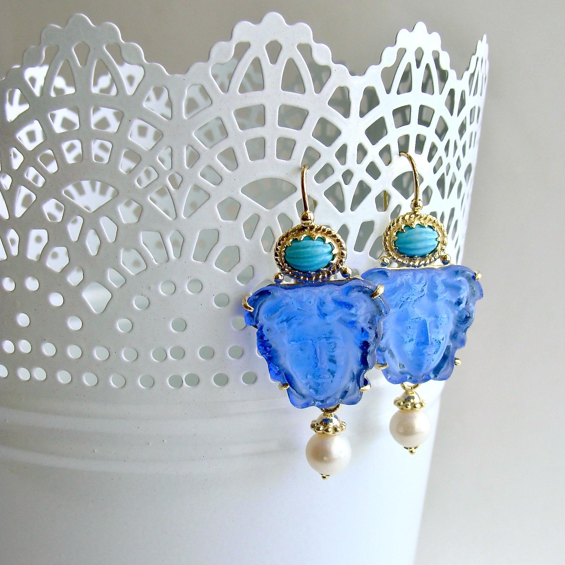Venetian Glass Intaglio/Cameo Sleeping Beauty Turquoise Earrings In New Condition In Colleyville, TX
