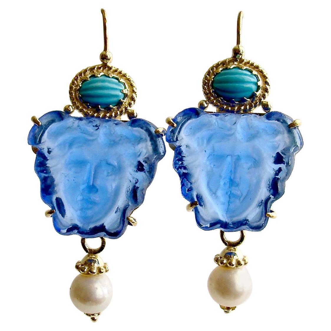 Venetian Glass Intaglio/Cameo Sleeping Beauty Turquoise Earrings