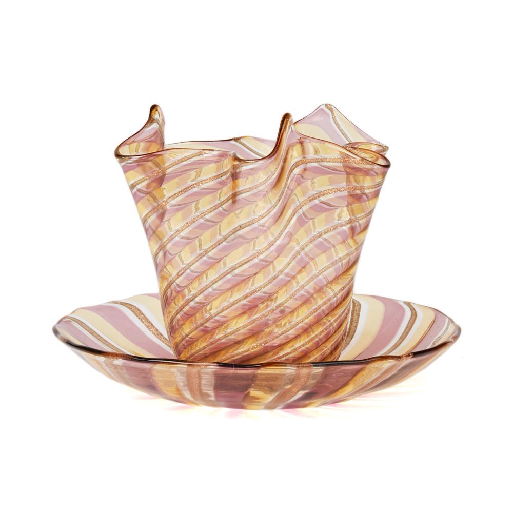 Italian Venetian Glass Linea Valentina Handkerchief Bowl and Stand For Sale