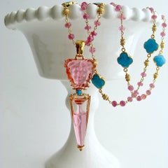 Venetian Glass Medusa Intaglio Cameo Pink Sapphire Turquoise Quatrefoil Necklace