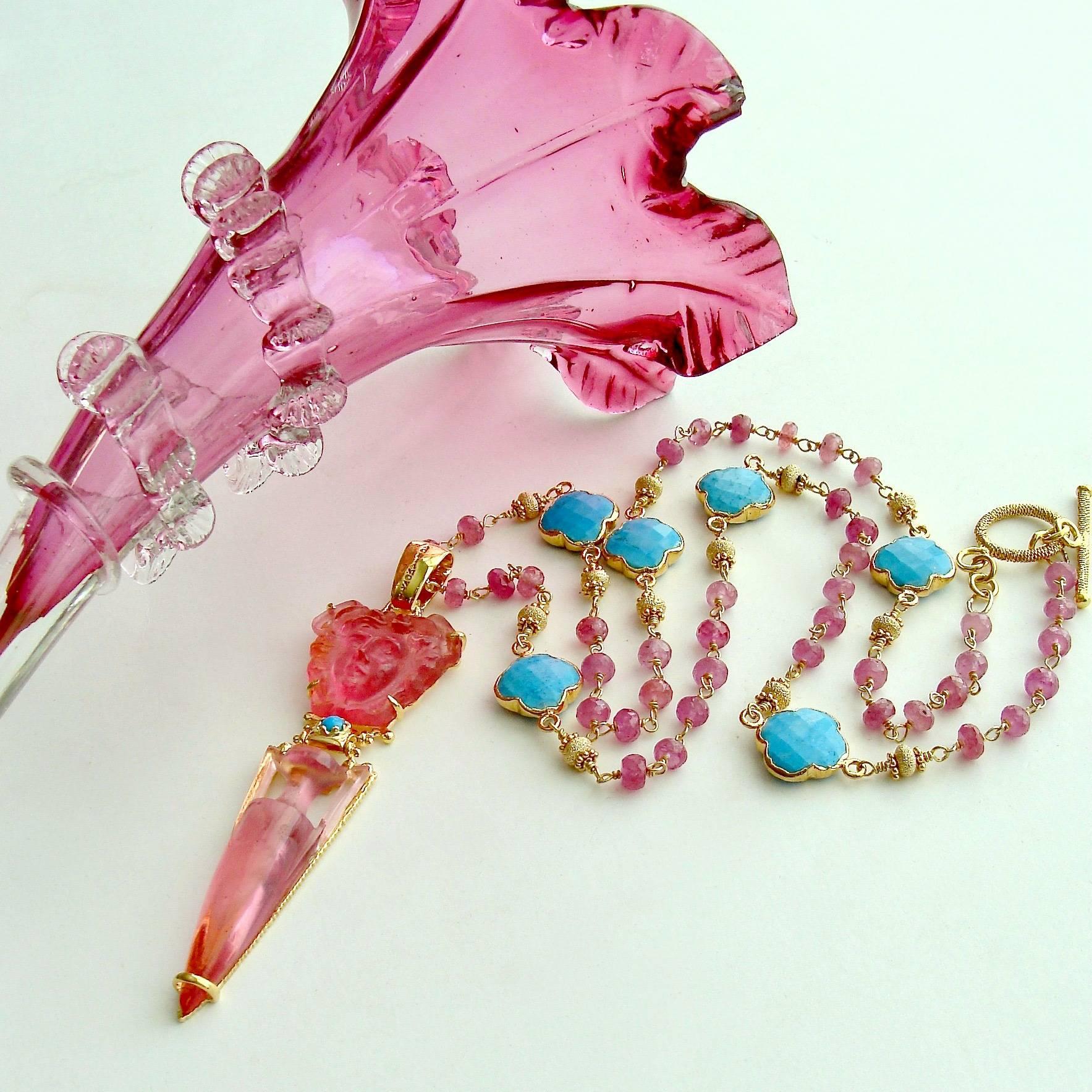 Neoclassical Venetian Glass Medusa Intaglio Cameo Pink Sapphire Turquoise Quatrefoil Necklace