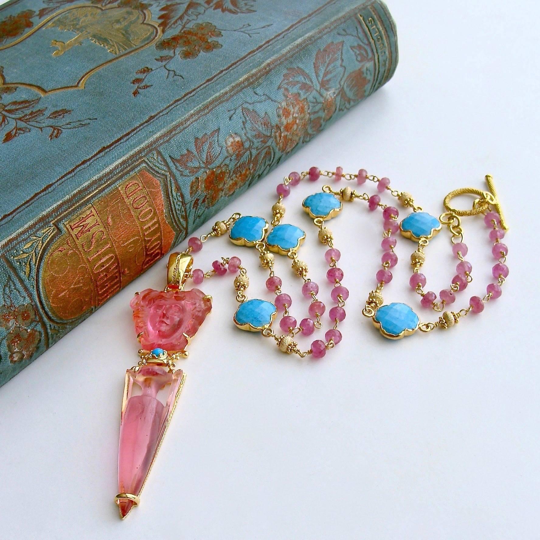 Venetian Glass Medusa Intaglio Cameo Pink Sapphire Turquoise Quatrefoil Necklace In New Condition In Colleyville, TX