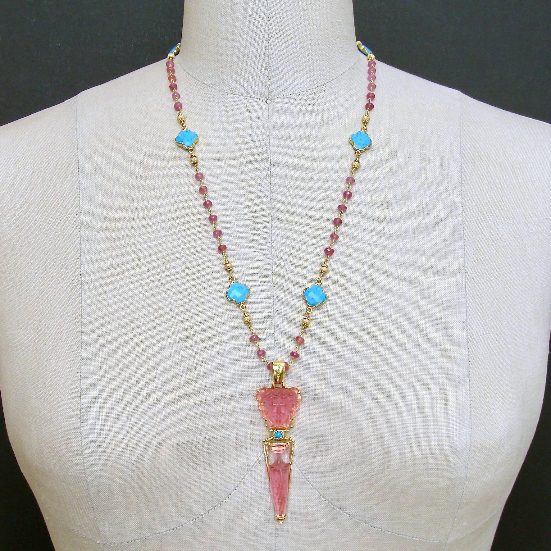 Women's Venetian Glass Medusa Intaglio Cameo Pink Sapphire Turquoise Quatrefoil Necklace
