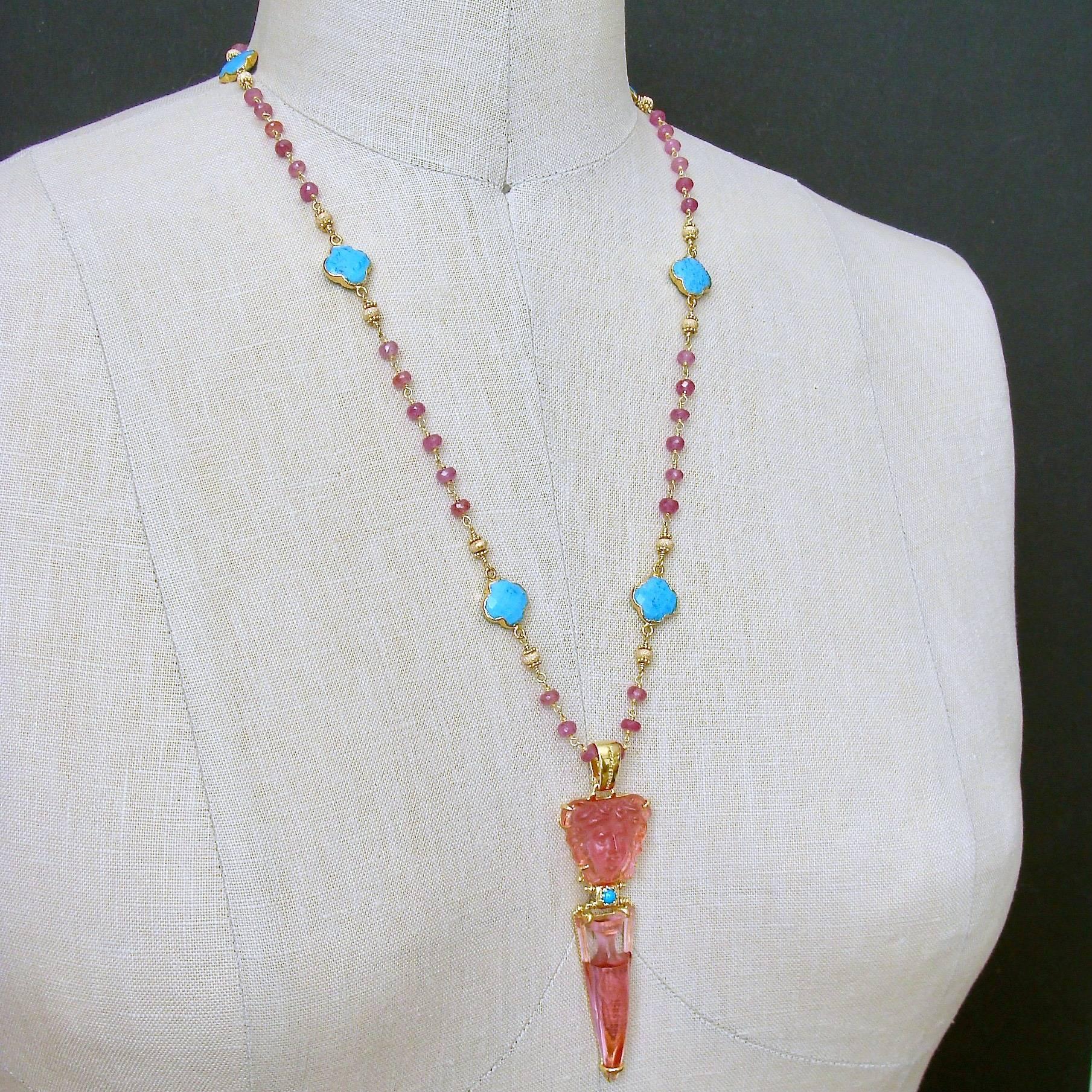 Venetian Glass Medusa Intaglio Cameo Pink Sapphire Turquoise Quatrefoil Necklace 1