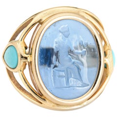 Venetian Glass Turquoise Ring Vintage 14 Karat Gold Estate Fine Jewelry