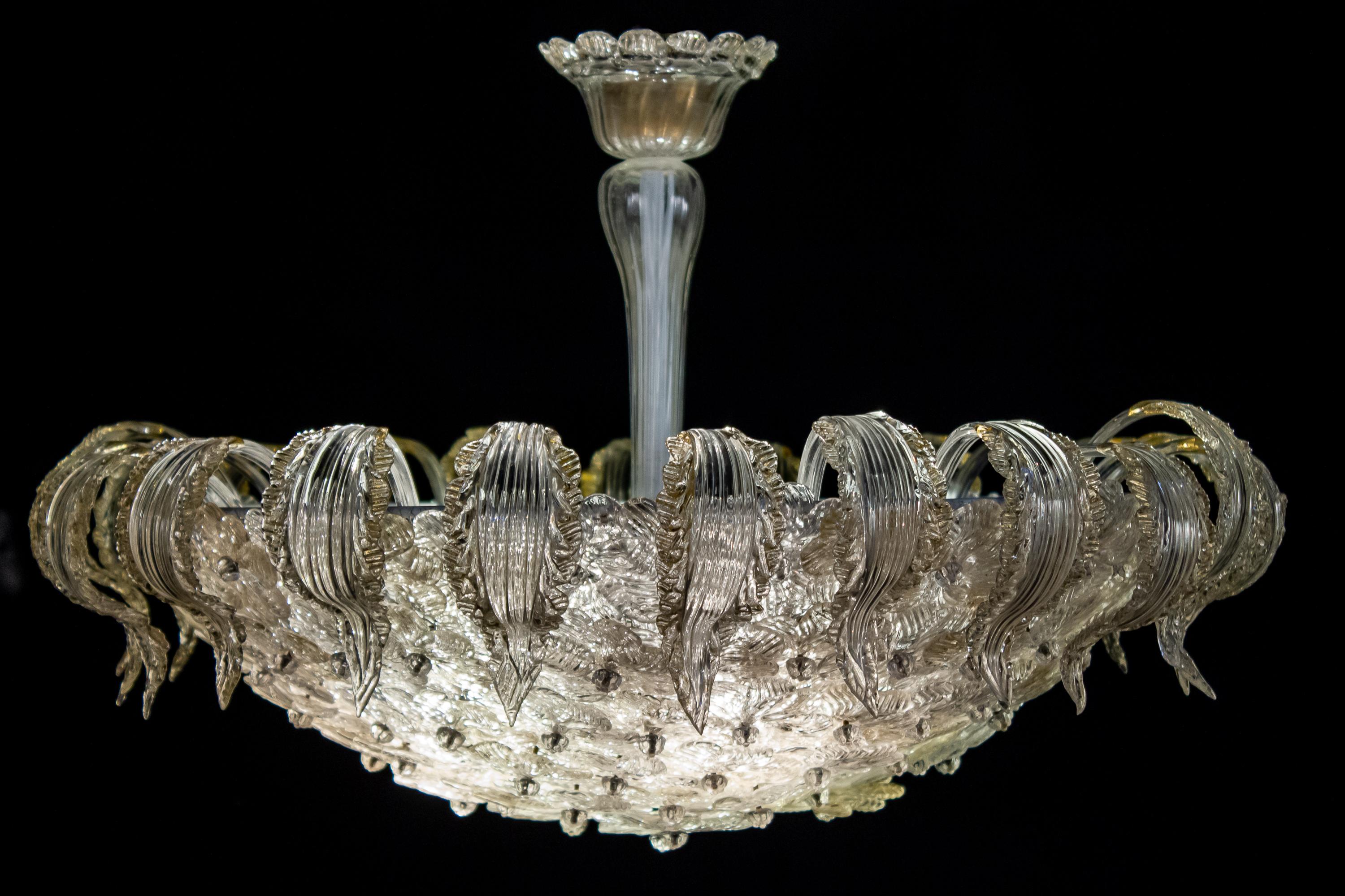 Venetian Gold and Ice Flower Glass Chandelier by Barovier e Toso, 1950 3
