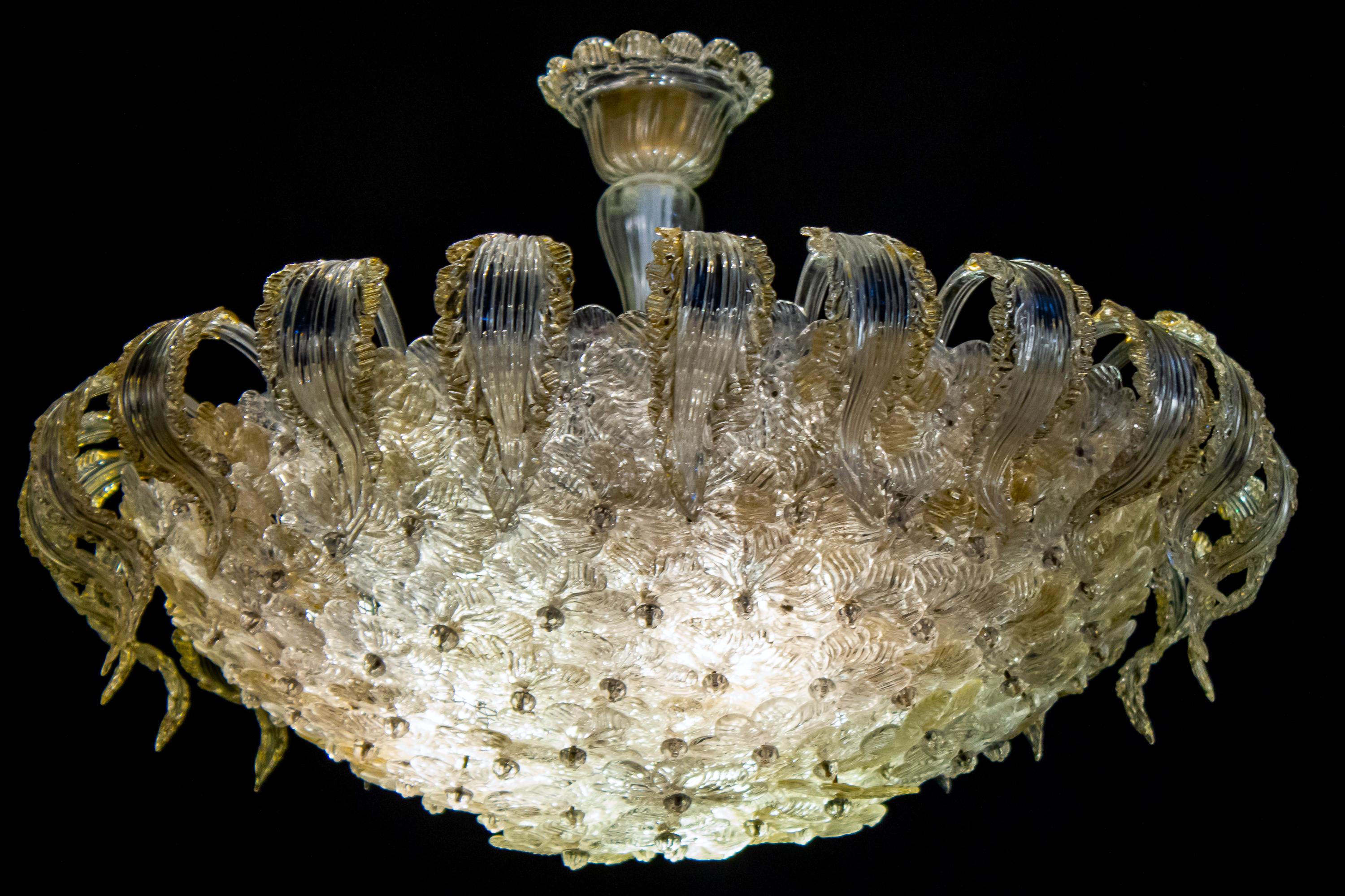 Venetian Gold and Ice Flower Glass Chandelier by Barovier e Toso, 1950 4